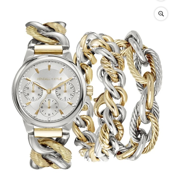 Kendall+Kylie Slver/Gld Chain Link Metal Strap Analog Watch Layered Bracelet Set - Picture 1 of 3